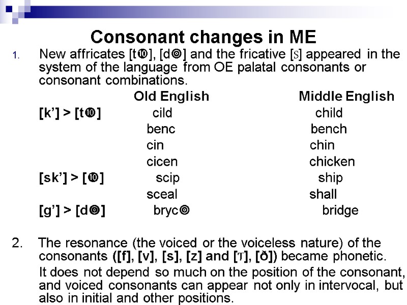 Consonant changes in ME New affricates [t], [d] and the fricative [S] appeared in